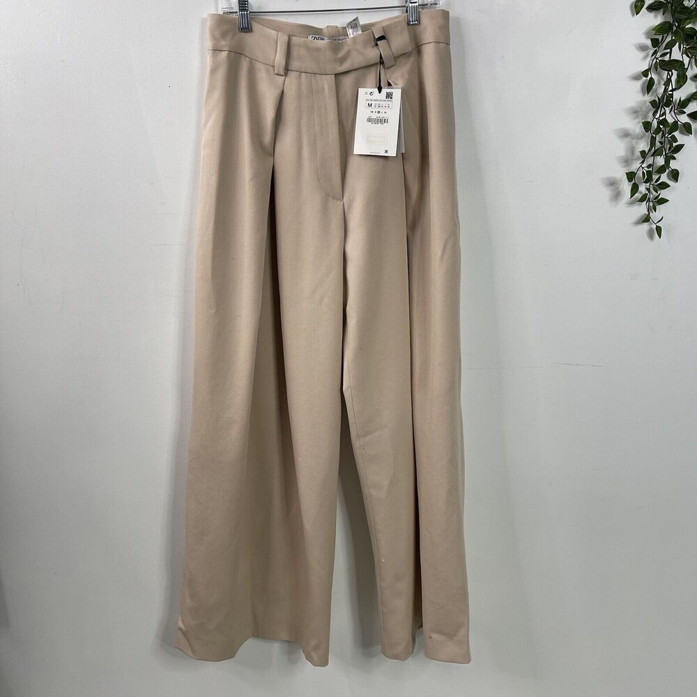 Zara collection 12 season A/W 2022 Pants SZ -M Sand Wide Legged Pleated $169 NWT